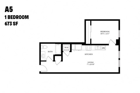 Floor plan for 1 bed, 1 bath, 673 sqft